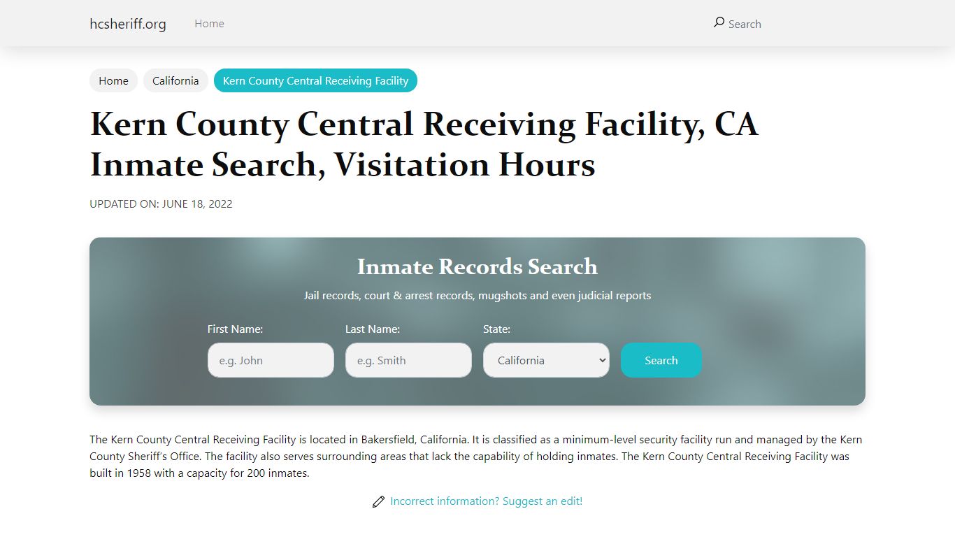 Kern County Central Receiving Facility, CA Inmate Search, Visitation Hours