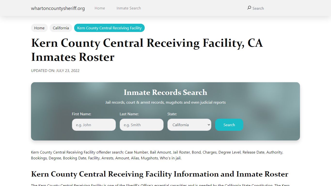 Kern County Central Receiving Facility , CA Inmates Roster